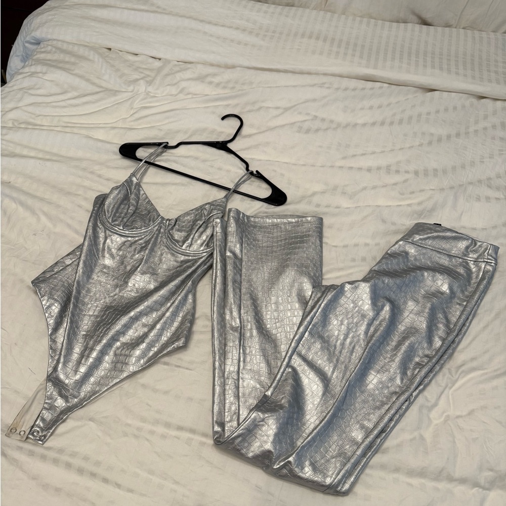 Silver Metallic Bodysuit and Pants Set